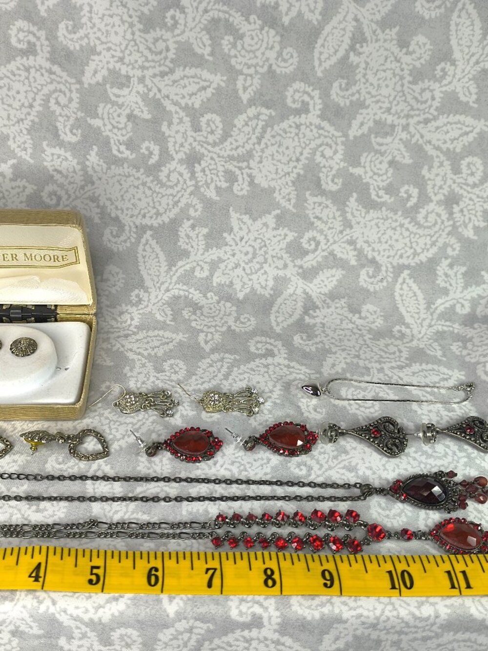 Lot of silver/crimson teardrop and heart ornate jewelry,most costume,some silver